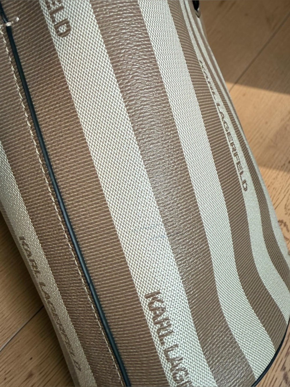 Karl Lagerfeld Beige and Cream Striped Bucket Bag with Pink Trim - Picture 9 of 9